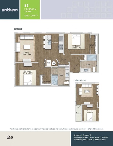 Floor plan for 2 beds, 2 baths, 1102 sqft
